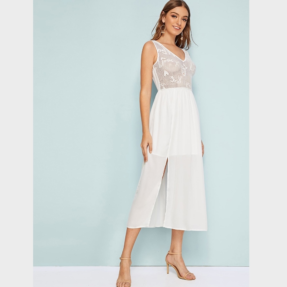 Lace Detail White Midi High Slit Dress - Picture 4 of 8